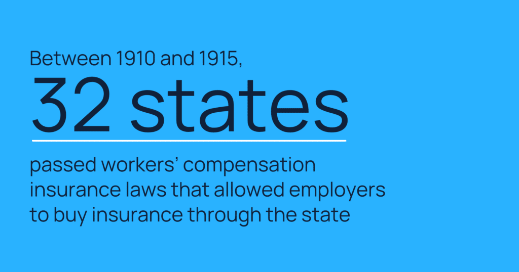 Informative image saying: Between 1910 and 1915, 32 states passed workers' compensation insurance laws that allowed employers to buy insurance through the state