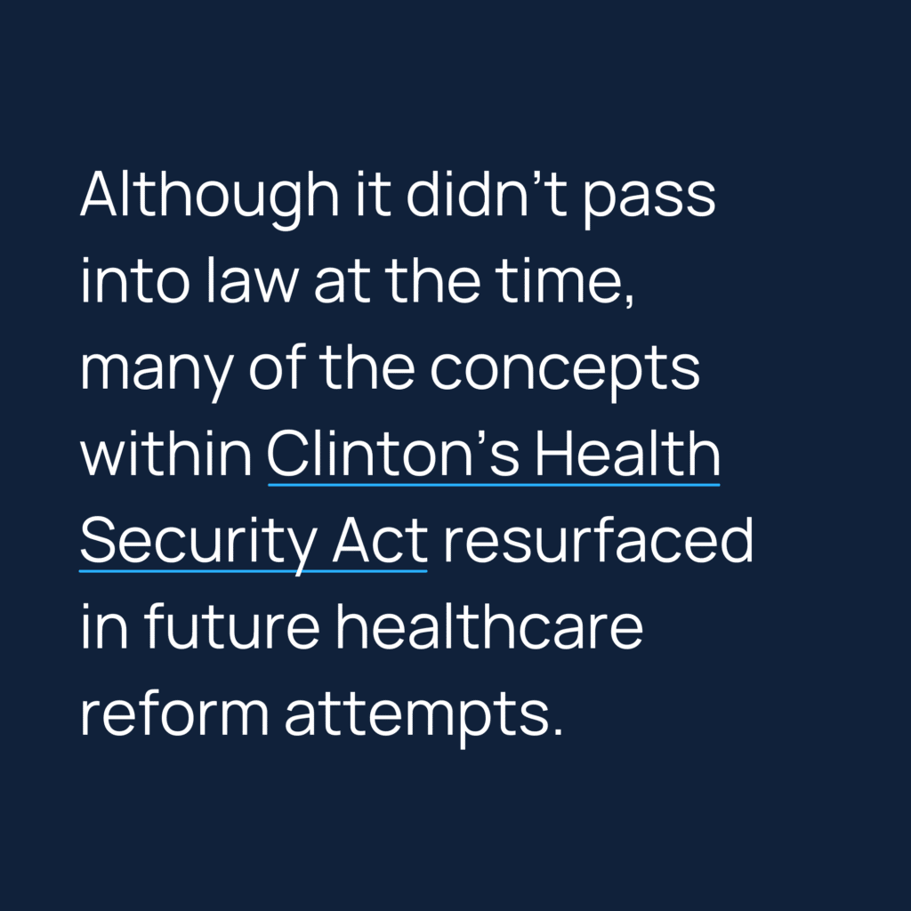 Informative image saying: Although it didn't pass into law at the time, many of the concepts within Clinton's Health Security Act resurfaced in future healthcare
reform attempts.