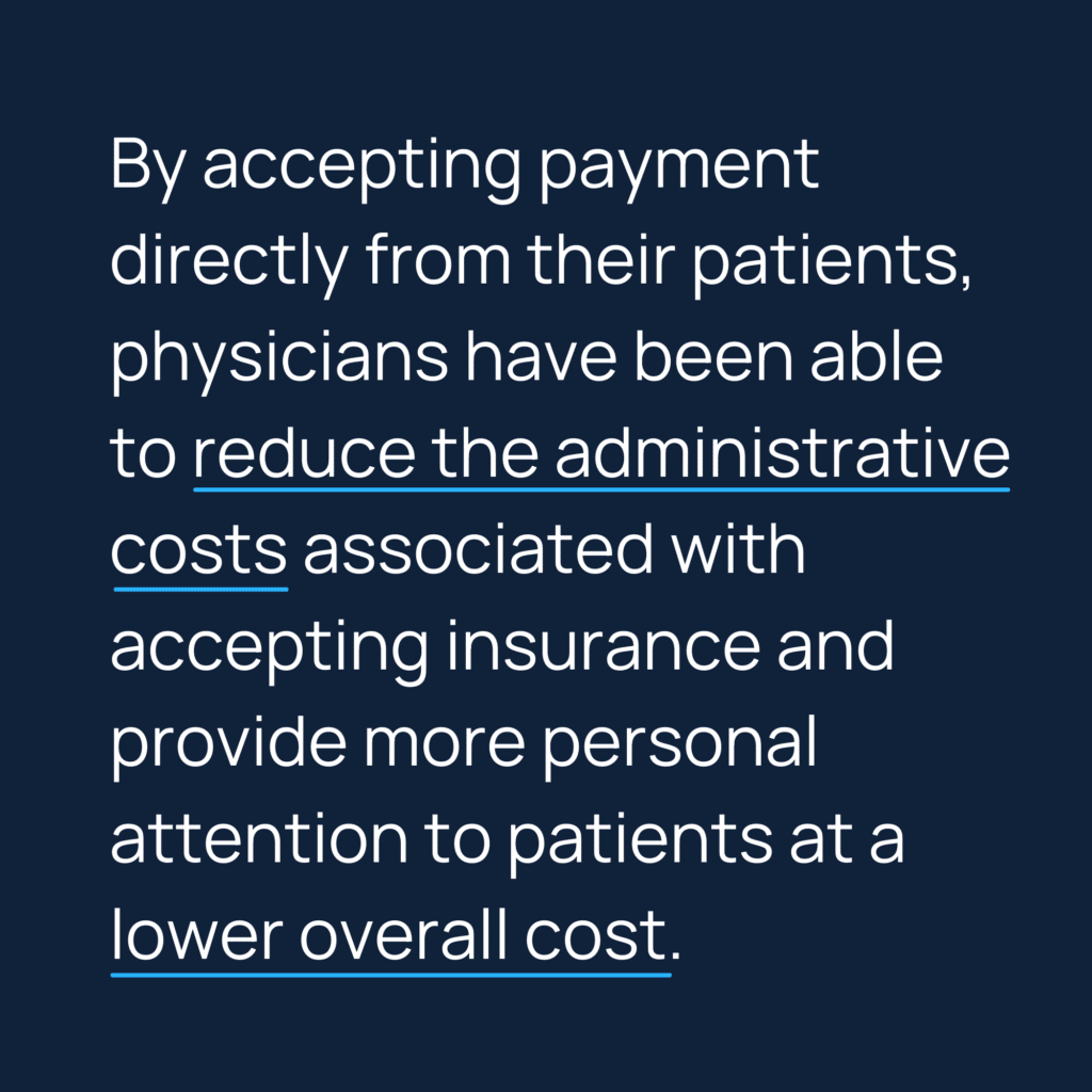Informative image saying: By accepting payment directly from their patients, physicians have been able to reduce the administrative costs associated with accepting insurance and provide more personal attention to patients at a lower overall cost.